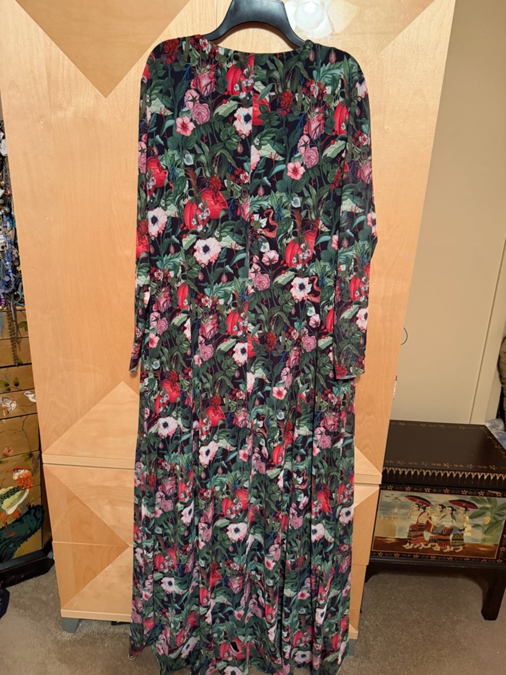 Anthropologie Green Floral Maxi Dress with Pink & Red Blooms - Picture 3 of 6